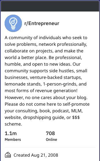 r/Entrepreneur subreddit on entrepreneurship